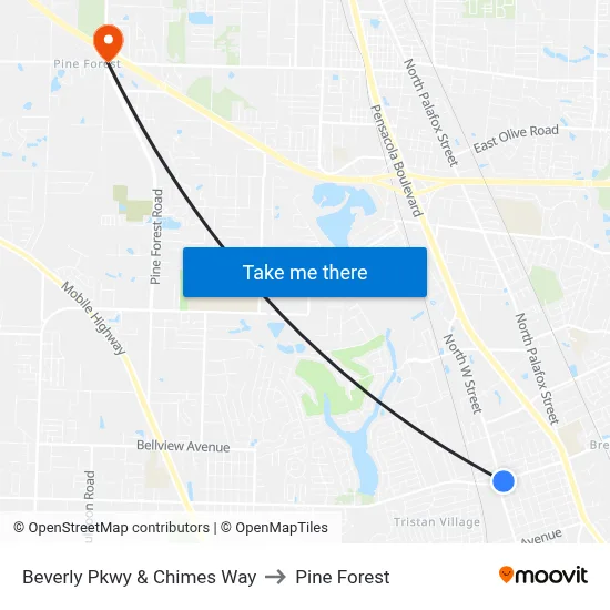 Beverly Pkwy & Chimes Way to Pine Forest map