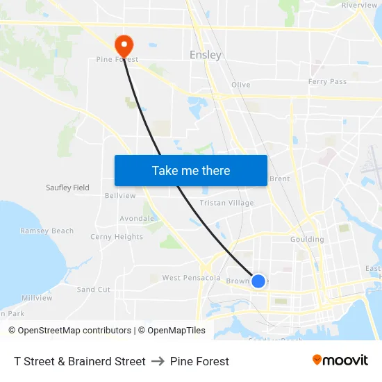 T Street & Brainerd Street to Pine Forest map