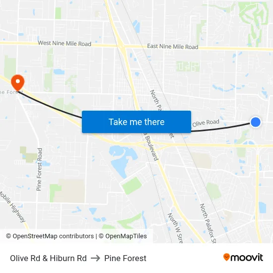 Olive Rd & Hiburn Rd to Pine Forest map