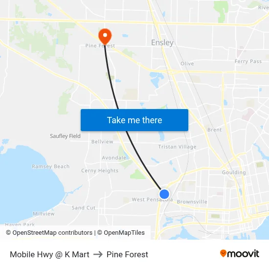 Mobile Hwy @ K Mart to Pine Forest map