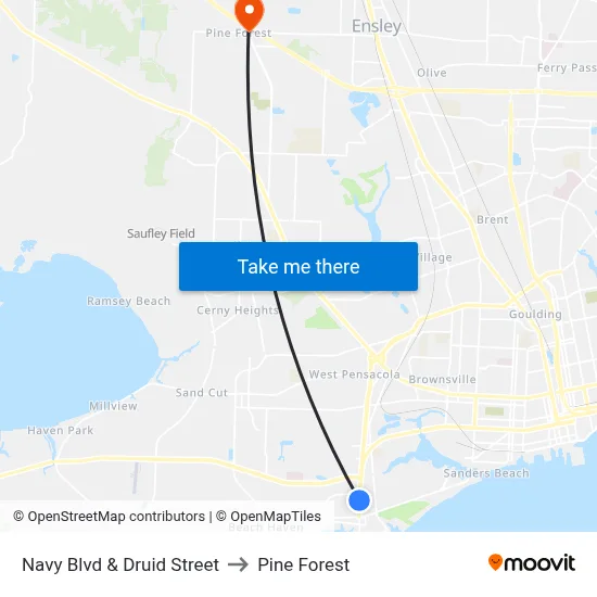 Navy Blvd & Druid Street to Pine Forest map