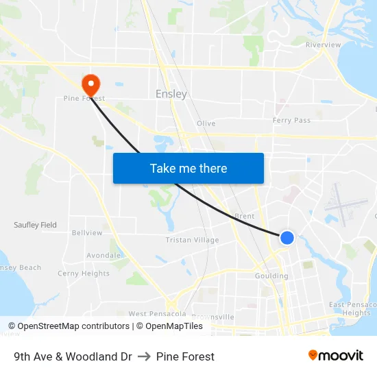 9th Ave & Woodland Dr to Pine Forest map