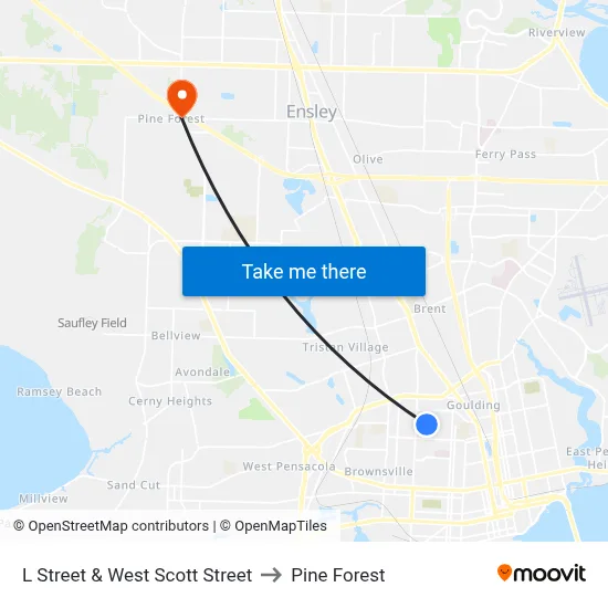 L Street & West Scott Street to Pine Forest map