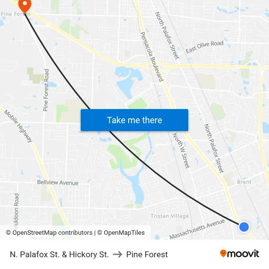 N. Palafox St. & Hickory St. to Pine Forest map