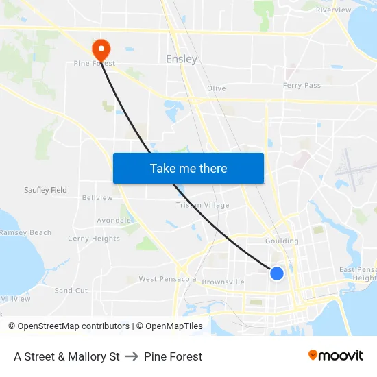 A Street & Mallory St to Pine Forest map