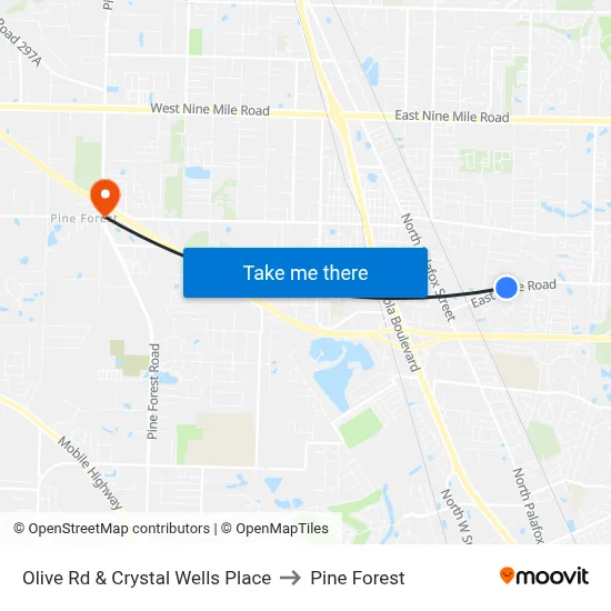 Olive Rd & Crystal Wells Place to Pine Forest map
