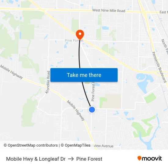 Mobile Hwy & Longleaf Dr to Pine Forest map