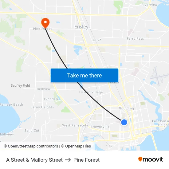 A Street & Mallory Street to Pine Forest map