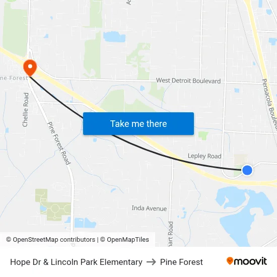 Hope Dr & Lincoln Park Elementary to Pine Forest map