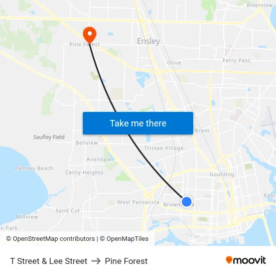 T Street & Lee Street to Pine Forest map