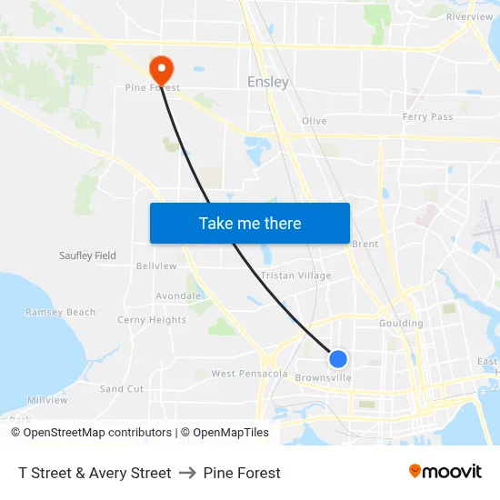 T Street & Avery Street to Pine Forest map