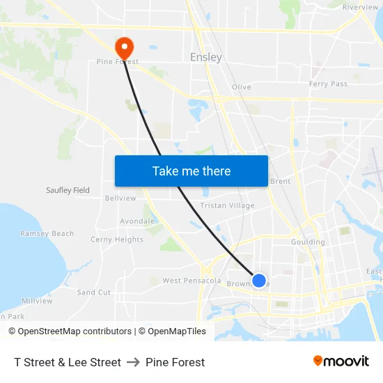 T Street & Lee Street to Pine Forest map