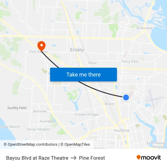 Bayou Blvd at Raze Theatre to Pine Forest map