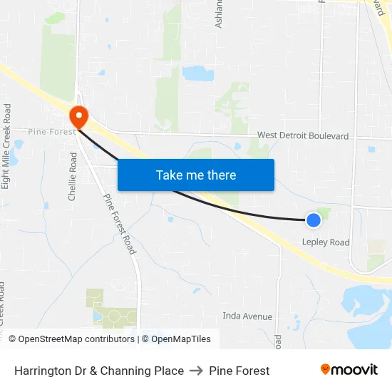 Harrington Dr & Channing Place to Pine Forest map