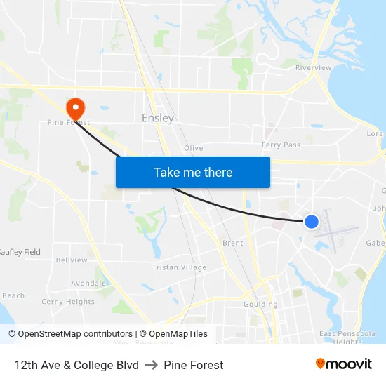 12th Ave & College Blvd to Pine Forest map