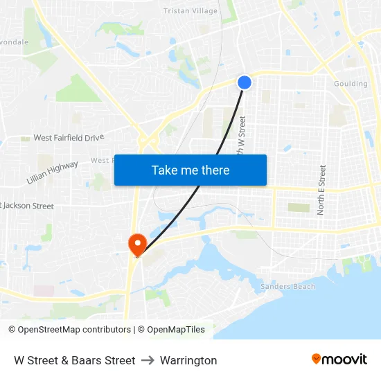 W Street & Baars Street to Warrington map