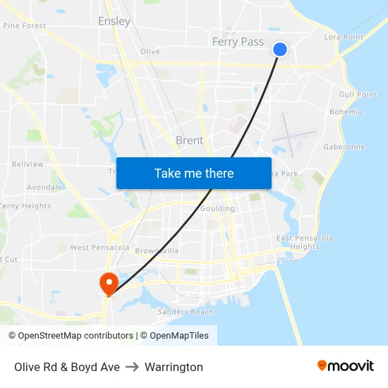 Olive Rd & Boyd Ave to Warrington map