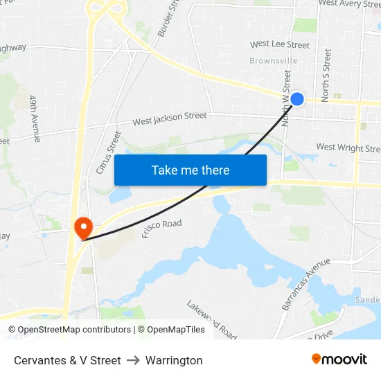 Cervantes & V Street to Warrington map