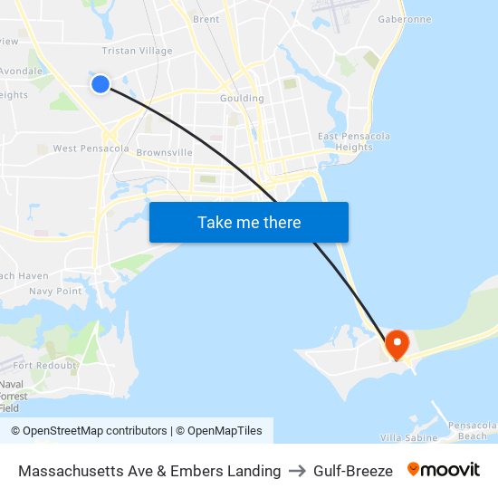 Massachusetts Ave & Embers Landing to Gulf-Breeze map
