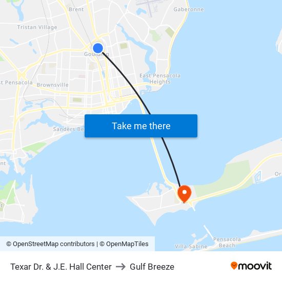 Texar Dr. & J.E. Hall Center to Gulf Breeze map