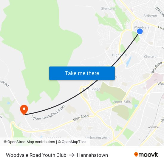 Woodvale Road Youth Club to Hannahstown map