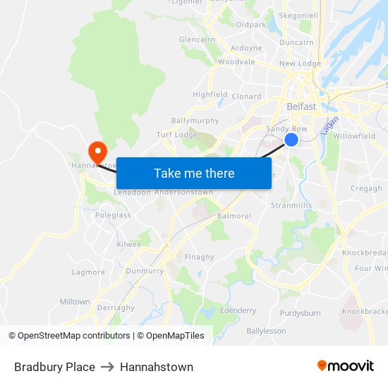 Bradbury Place to Hannahstown map