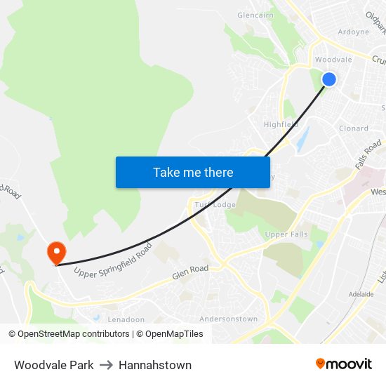 Woodvale Park to Hannahstown map