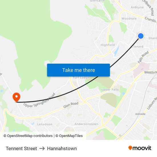 Tennent Street to Hannahstown map