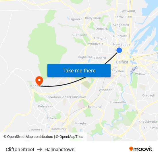 Clifton Street to Hannahstown map