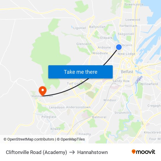 Cliftonville Road (Academy) to Hannahstown map