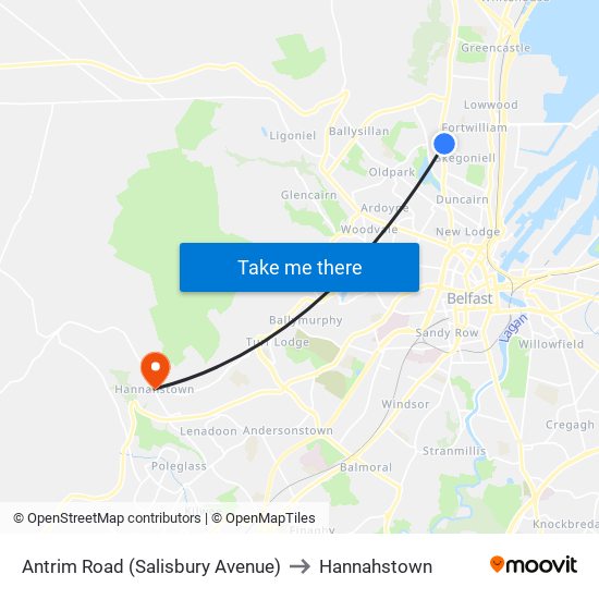 Antrim Road (Salisbury Avenue) to Hannahstown map