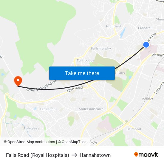 Falls Road (Royal Hospitals) to Hannahstown map