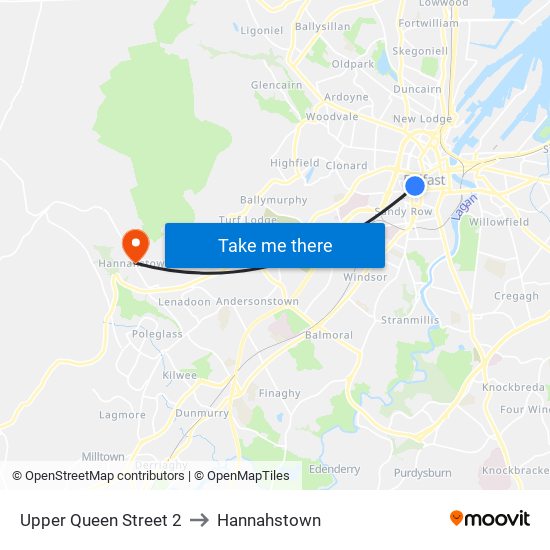 Upper Queen Street 2 to Hannahstown map