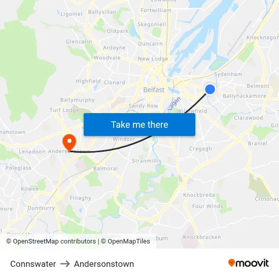 Connswater to Andersonstown map