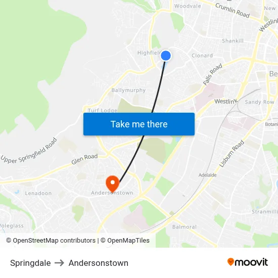 Springdale to Andersonstown map
