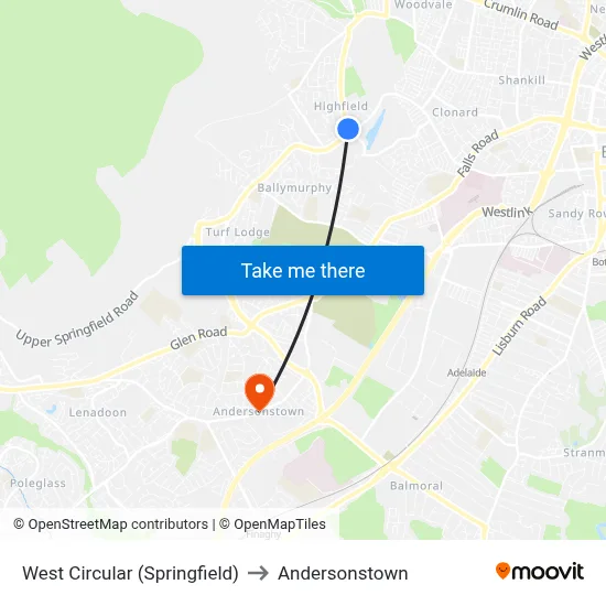 West Circular (Springfield) to Andersonstown map