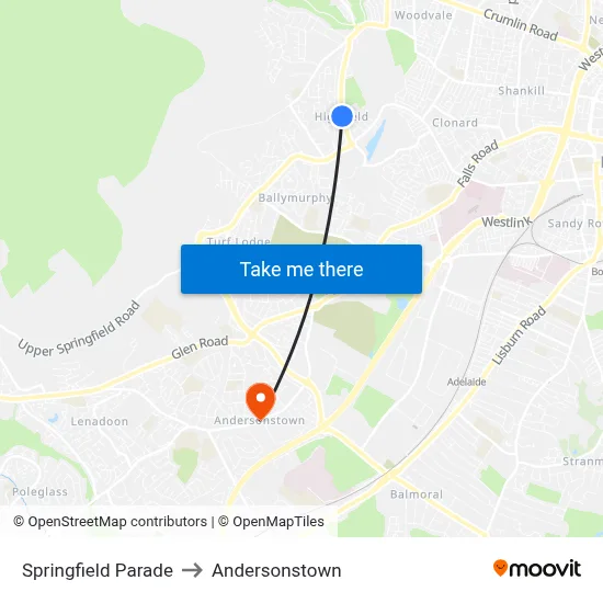 Springfield Parade to Andersonstown map