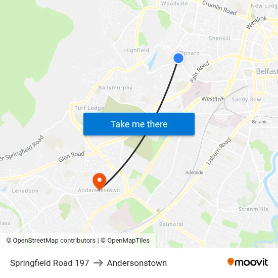 Springfield Road 197 to Andersonstown map