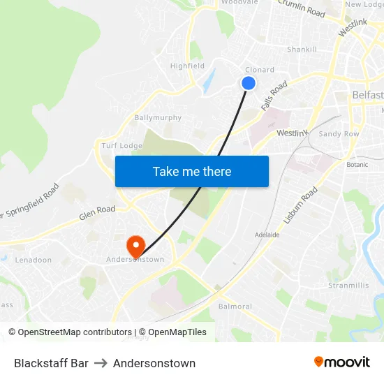 Blackstaff Bar to Andersonstown map