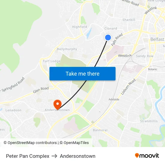 Peter Pan Complex to Andersonstown map