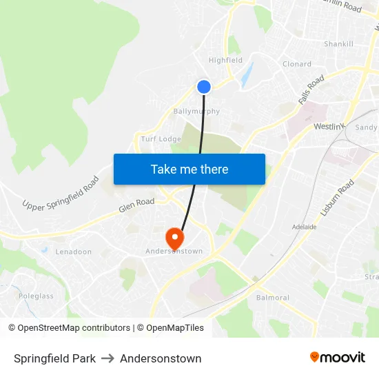 Springfield Park to Andersonstown map