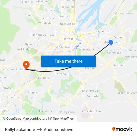 Ballyhackamore to Andersonstown map