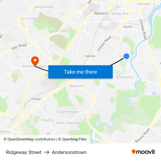 Ridgeway Street to Andersonstown map