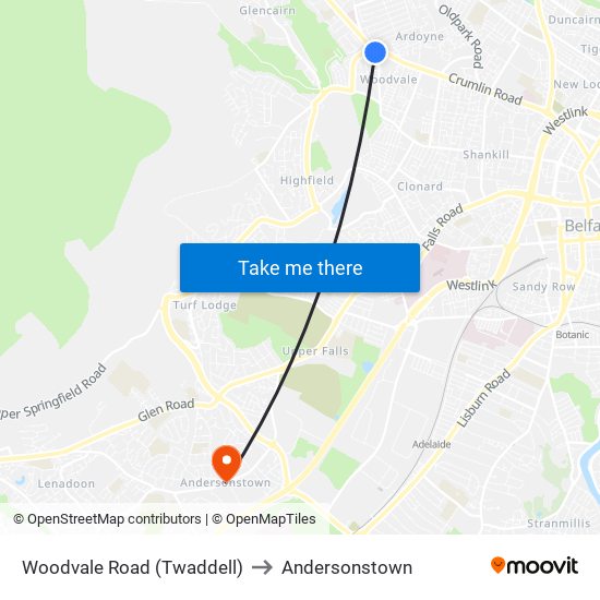 Woodvale Road (Twaddell) to Andersonstown map