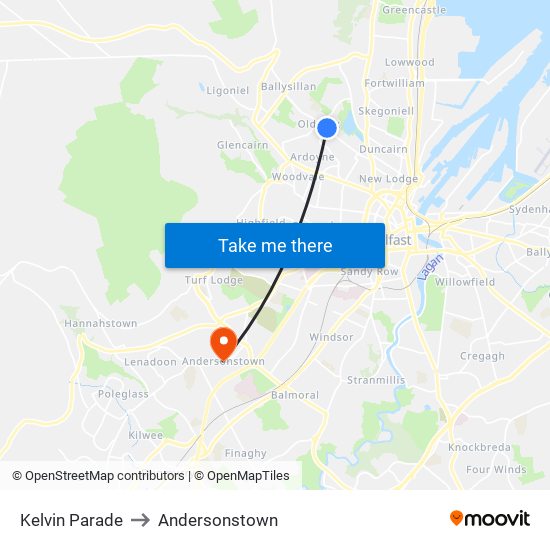 Kelvin Parade to Andersonstown map