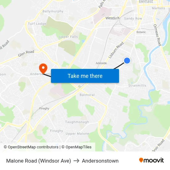 Malone Road (Windsor Ave) to Andersonstown map