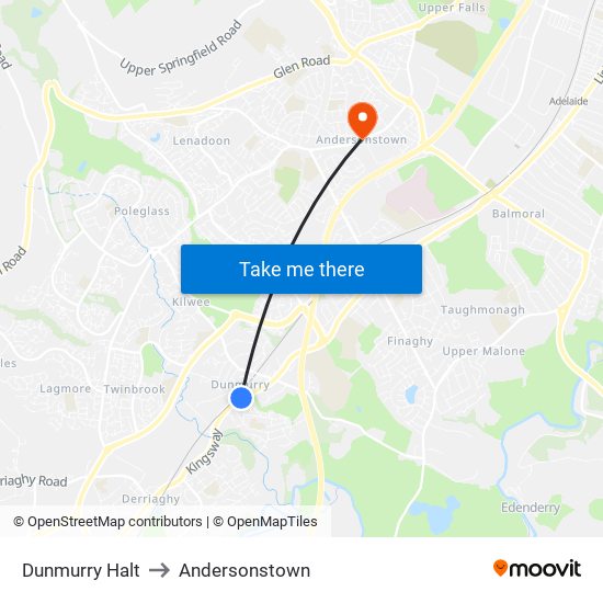 Dunmurry Halt to Andersonstown map