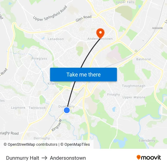 Dunmurry Halt to Andersonstown map
