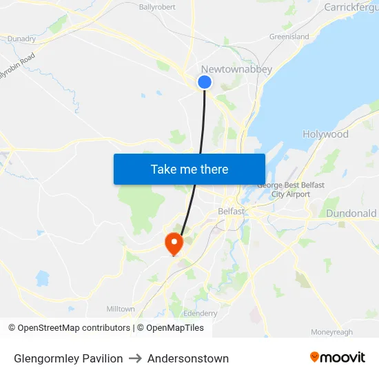 Glengormley Pavilion to Andersonstown map
