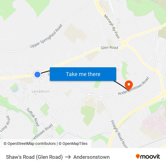 Shaw's Road (Glen Road) to Andersonstown map